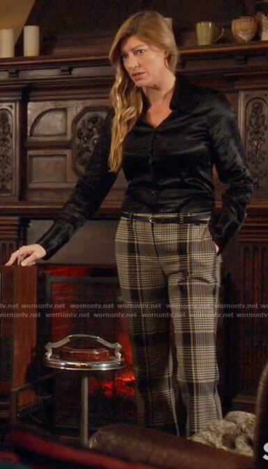 Ava's plaid pants and black satin shirt on Legends of Tomorrow