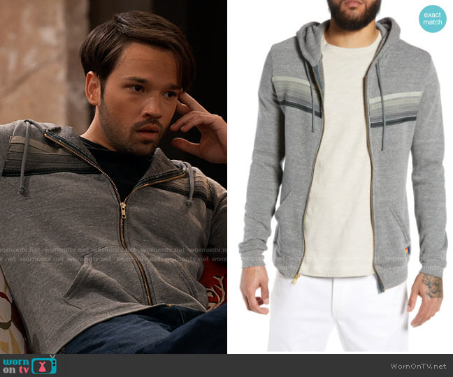 Aviator Nation 5-Stripe Zip Hoodie worn by Freddie Benson (Nathan Kress) on iCarly