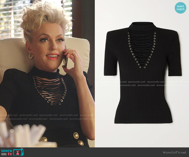 Lace-Up Ribbed-Knit Top by Balmain worn by Alexis Carrington (Elaine Hendrix) on Dynasty