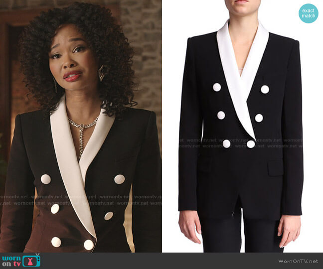 Shawl-Collar Double-Breasted Jacket by Balmain worn by Monica Colby (Wakeema Hollis) on Dynasty