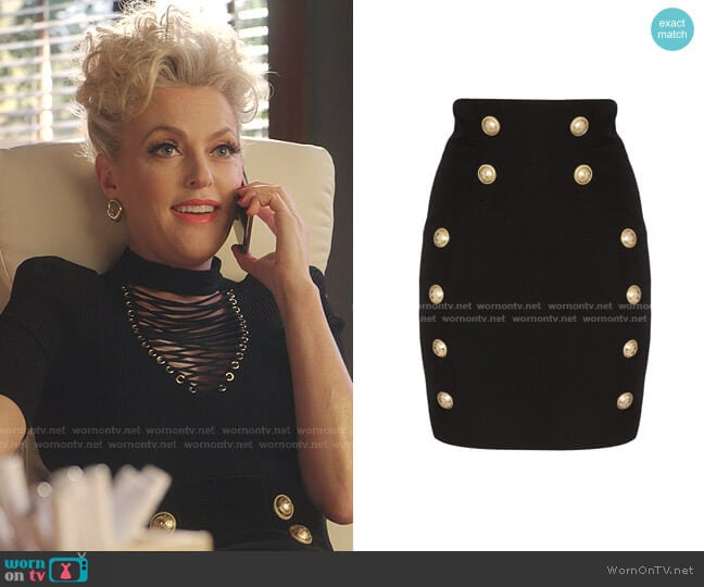 Button-Detail Mini Skirt by Balmain worn by Alexis Carrington (Elaine Hendrix) on Dynasty