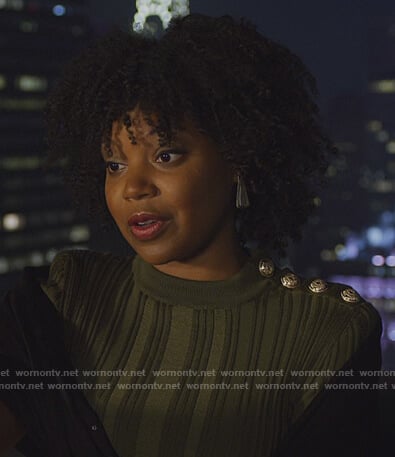 Bianca's green button shoulder dress on The Good Fight