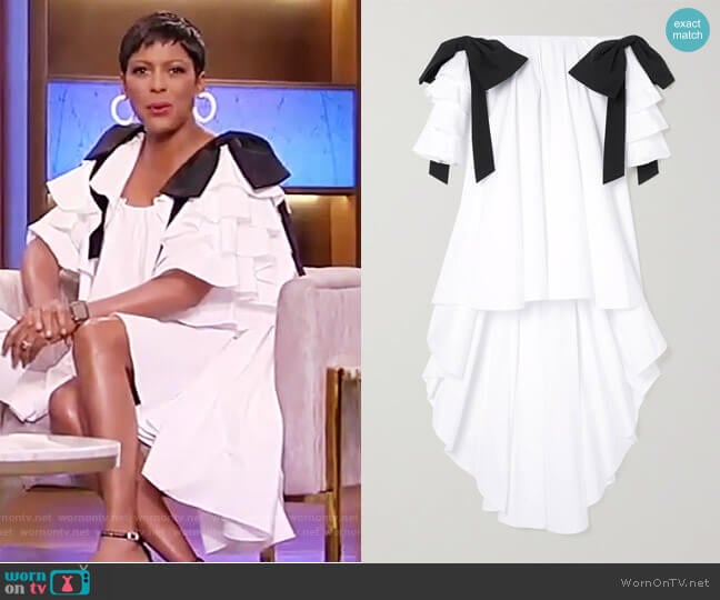 Fiona off-the-shoulder asymmetric ruffled cotton-blend dress by Caroline Constas worn by Tamron Hall on Tamron Hall Show