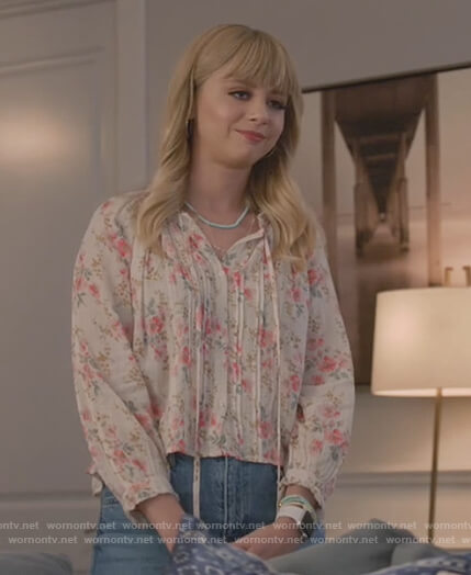 Carrie's white floral tie neck blouse on All American