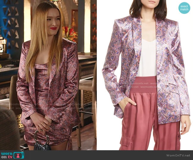 Estelle Paisley Satin Blazer by Cinq a Sept worn by Kirby Anders (Maddison Brown) on Dynasty