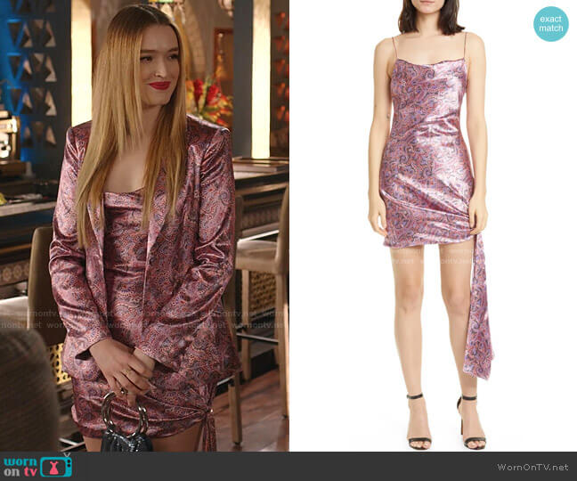 Ryder Paisley Satin Minidress by Cinq a Sept worn by Kirby Anders (Maddison Brown) on Dynasty