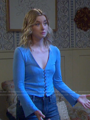 Claire’s blue ribbed button front top and jeans on Days of our Lives