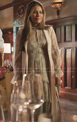Cristal's printed keyhole tiered dress and sleeveless jacket on Dynasty