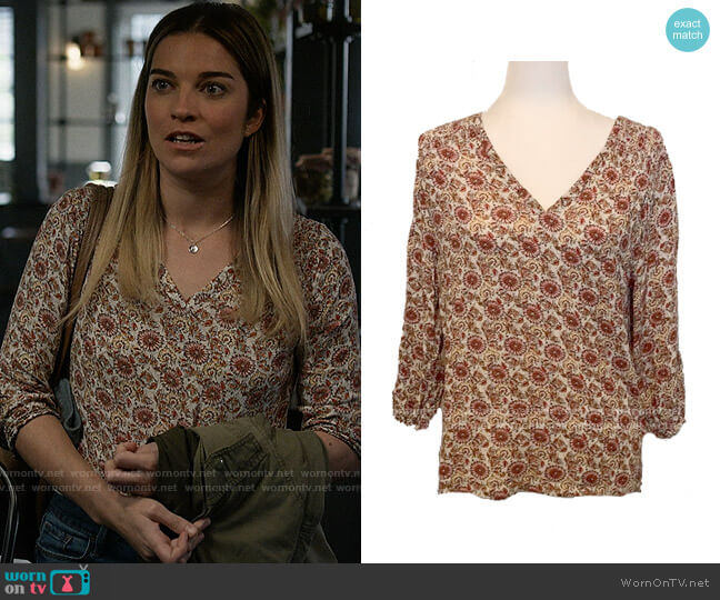 Cynthia Rowley Floral Blouse worn by Allison (Annie Murphy) on Kevin Can F**k Himself