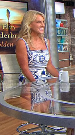 Elin Hilderbrand’s blue and white square neck dress on CBS This Morning