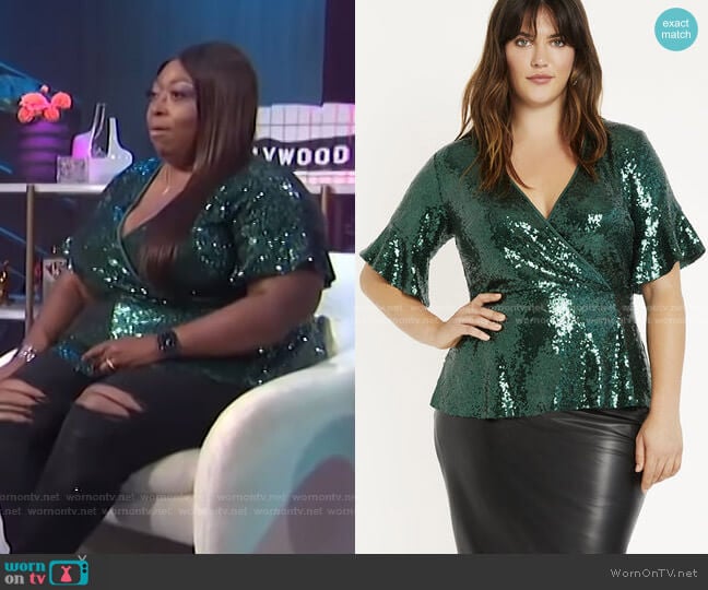 Sequin Surplice Top with Peplum by Eloquii worn by Loni Love on E! News