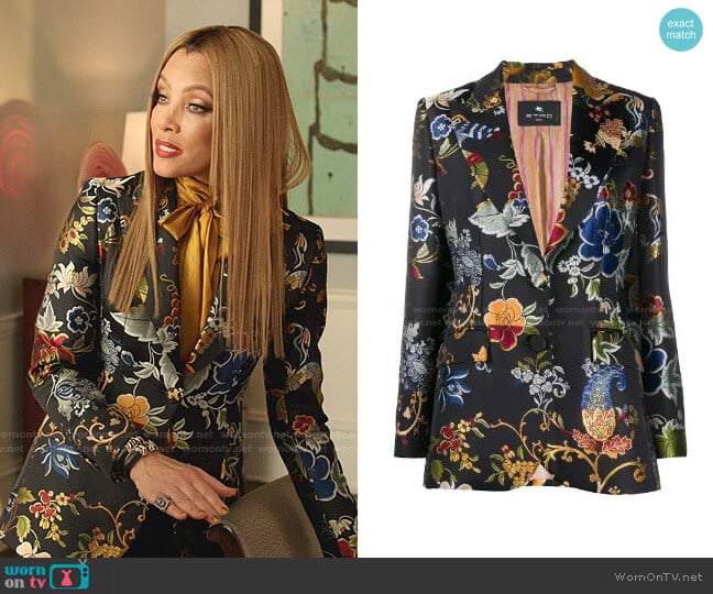 Patterned Single-Breasted Blazer by Etro worn by Dominique Deveraux (Michael Michele) on Dynasty