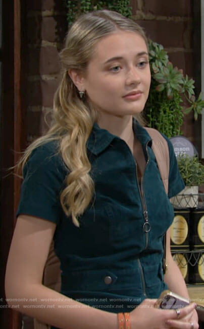 Faith's teal green zip front romper on The Young and the Restless