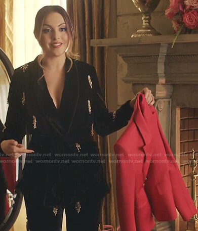 Fallon's black embellished wrap blazer and pants on Dynasty