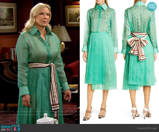 Fendi Feathered Organza Shirtdress with Pleated Skirt worn by Brooke Logan (Katherine Kelly Lang) on The Bold and the Beautiful