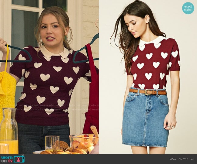 Forever 21 Heart Print Sweater Top worn by Lake Meriwether (Bebe Wood) on Love Victor