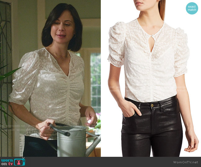 Shirred Keyhole Puff-Shoulder Top by Frame worn by Cassandra Nightingale (Catherine Bell) on Good Witch