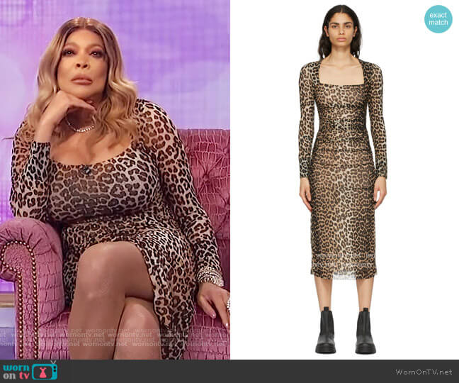 Ruched Leopard-Print Mesh Midi Dress by Ganni worn by Wendy Williams on The Wendy Williams Show