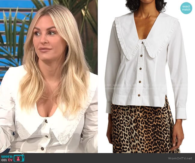 Wide Ruffle-Trimmed Collar Cotton Poplin Shirt by Ganni worn by Morgan Stewart on E! News