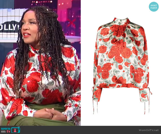 Floral-Print Tied-Cuffs Blouse by Ganni worn by Kym Whitley on E! News