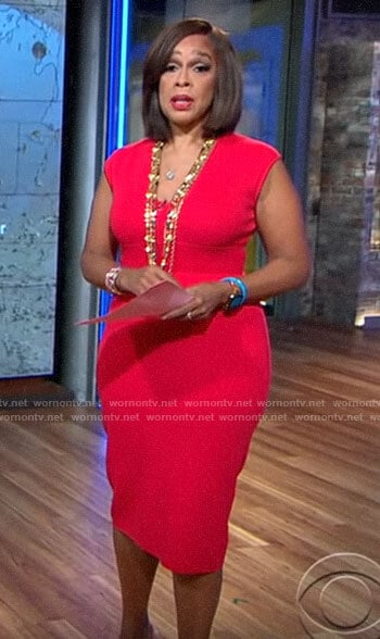 Gayle King’s red v-neck sheath dress on CBS Mornings