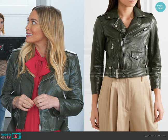 Cropped Textured-leather Biker Jacket by Givenchy worn by Kelsey Peters (Hilary Duff) on Younger