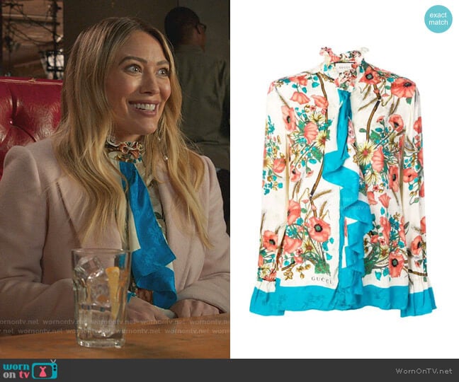 Ruffled Floral-Print Silk-Jacquard Blouse by Gucci worn by Liza Miller (Sutton Foster) on Younger