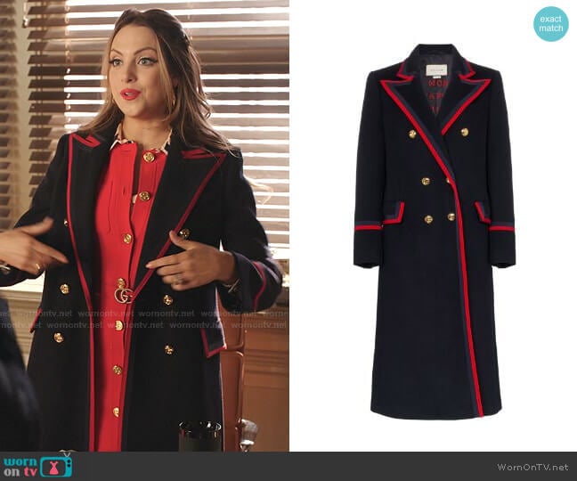 Contrast Trim Double-Breasted Military Coat by Gucci worn by Fallon Carrington (Elizabeth Gillies) on Dynasty