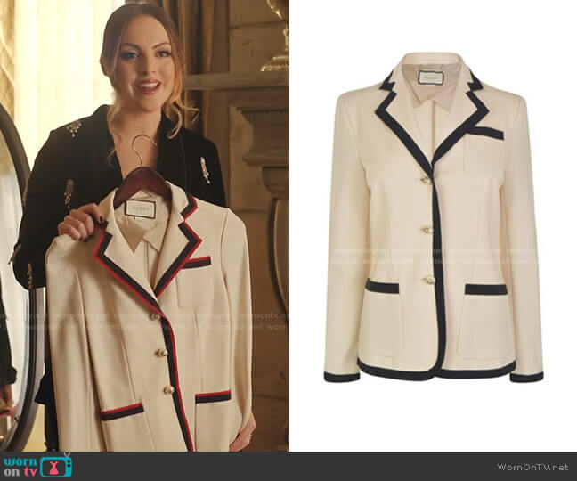 Web Trim Blazer by Gucci  worn by Fallon Carrington (Elizabeth Gillies) on Dynasty