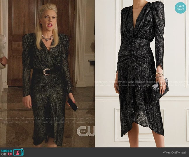 Ruched Metallic Fil Coupé Chiffon Midi Dress by Isabel Marant worn by Alexis Carrington (Elaine Hendrix) on Dynasty