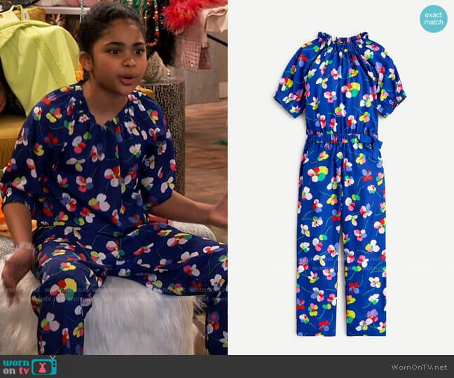 J. Crew Girls' ruffle-neck jumpsuit in blue floral worn by Millicent (Jaidyn Triplett) on iCarly