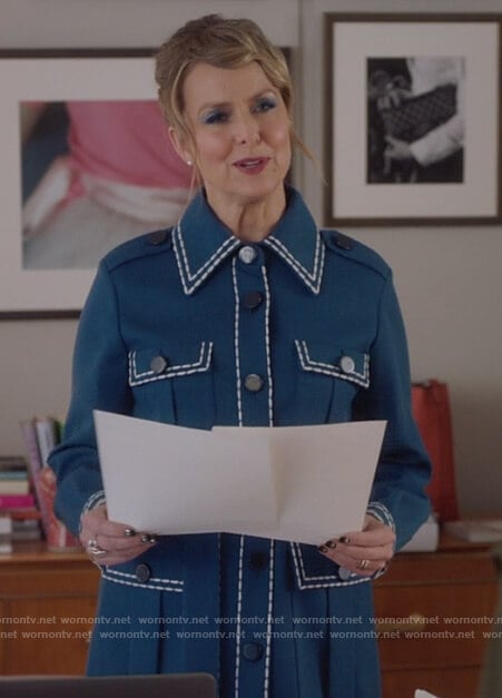 Jacqueline’s blue contrast stitch shirt jacket on The Bold Type