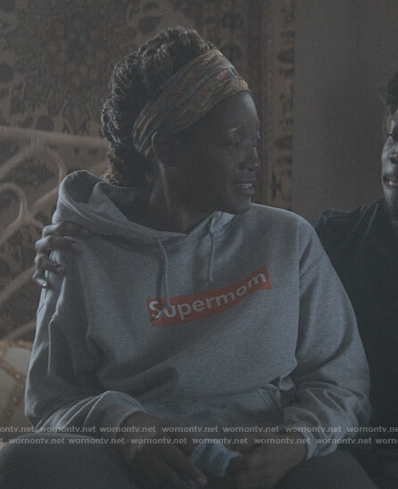 Jada's gray supermom hoodie on The Chi