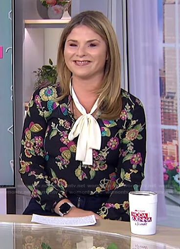 Jenna’s black floral tie neck blouse on Today