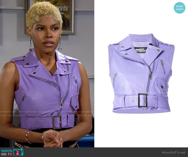 Jeremy Scott Cropped Leather Biker Vest worn by Paris Buckingham (Diamond White) on The Bold and the Beautiful