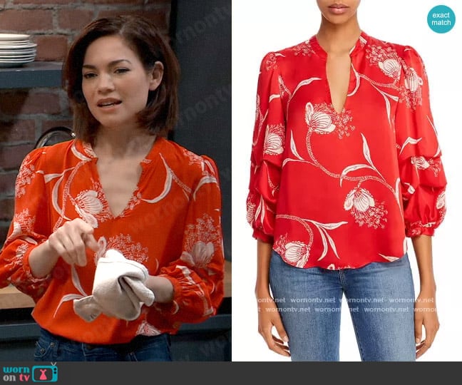 Joie Samyra Printed Split-Neck Top worn by Elizabeth Webber (Rebecca Herbst) on General Hospital