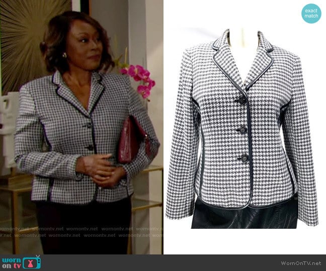 Jones New York Leather Trimmed Houndstooth Blazer worn by Naya Benedict (Ptosha Storey) on The Young and the Restless