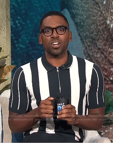 Justin’s striped zip polo shirt on E! News Daily Pop