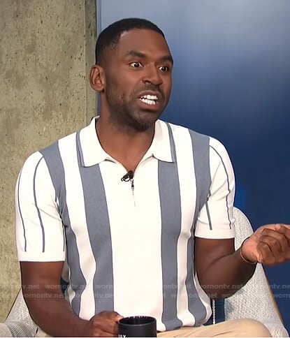 Justin’s white and grey striped polo shirt on E! News Daily Pop