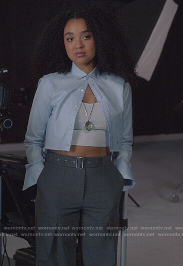 Kat’s blue cropped shirt and belted pants on The Bold Type