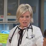 Kayla’s white ruffle tie neck blouse and skirt on Days of our Lives