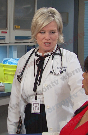 Kayla's white ruffle tie neck blouse and skirt on Days of our Lives