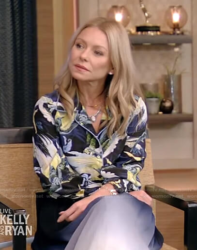 Kelly's bird print shirt and ombre skirt on Live with Kelly and Ryan