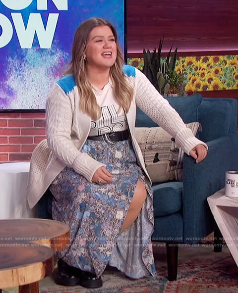 Kelly’s floral skirt and white cardigan on The Kelly Clarkson Show