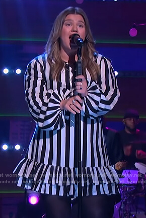 Kelly’s stripe ruffle mini dress on The Kelly Clarkson Show