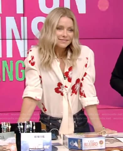 Kelly's white floral tie neck blouse and jeans on Live with Kelly and Ryan