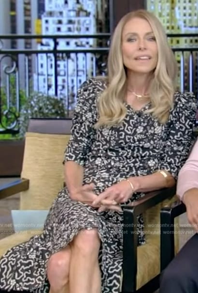 Kelly’s black floral ruched sleeve dress on Live with Kelly and Mark