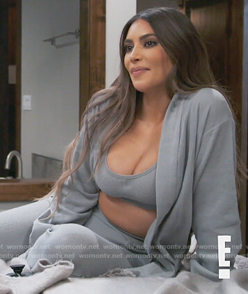 Kim's blue knit robe and pants on Keeping Up with the Kardashians