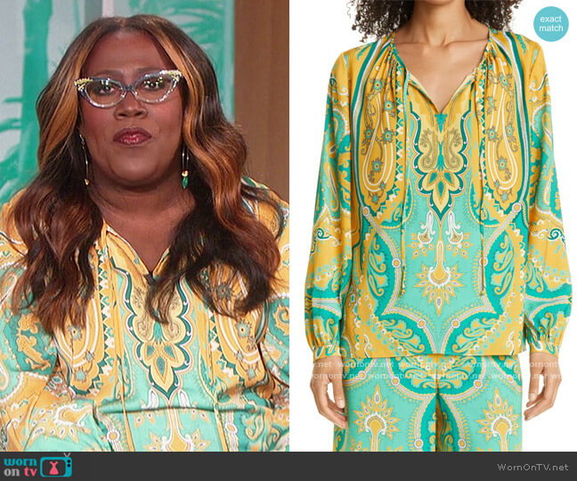 Lou Paisley Long-Sleeve Blouse by Kobi Halperin worn by Sheryl Underwood on The Talk