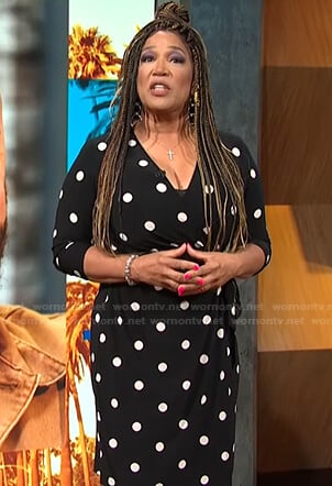 Kym’s black polka dot wrap dress on E! News Daily Pop